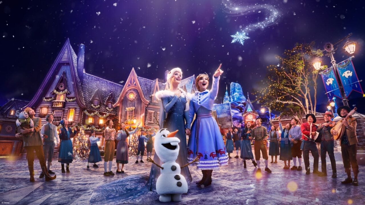Fy26 Xmas Frozen Kv Horizontal 16X9 1 | 2026 Hong Kong Disneyland Christmas And Countdown: Frozen Winter Market And Concert Anna, Elsa, Olaf And Arendelle Villagers On A Snowy Night In World Of Frozen